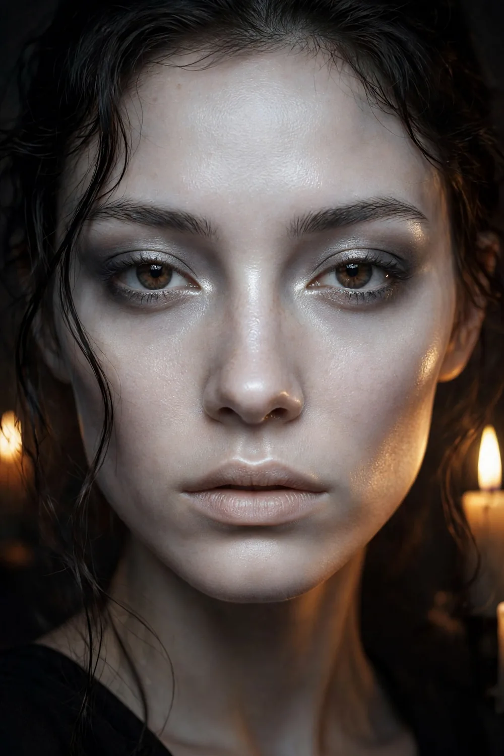 Candlelit ghost glow Halloween makeup with pale luminous skin and soft flickering highlight