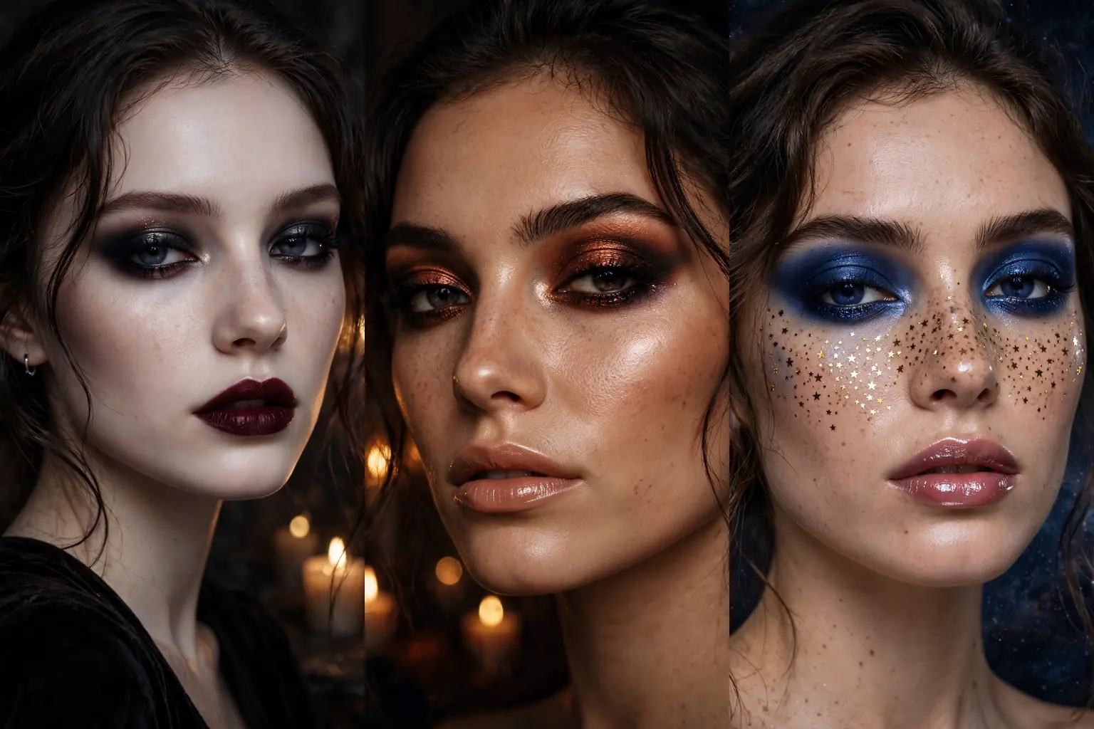 Three panel grid of Halloween makeup looks: soft glam vampire, copper smokey eye, cosmic star freckles
