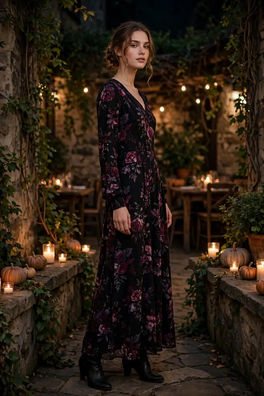 Woman wearing a dark floral maxi dress with long sleeves