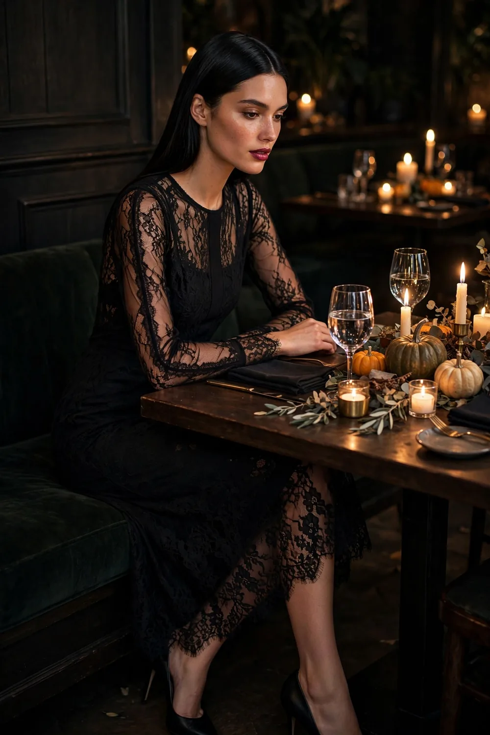 Woman in a black lace midi dress with pointed heels