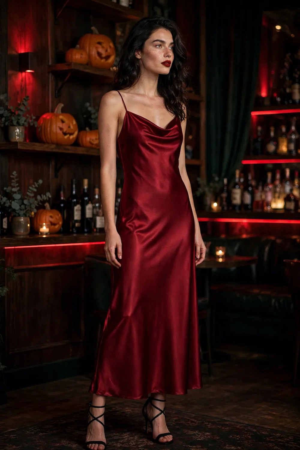 Woman in a dark red satin slip dress with delicate straps