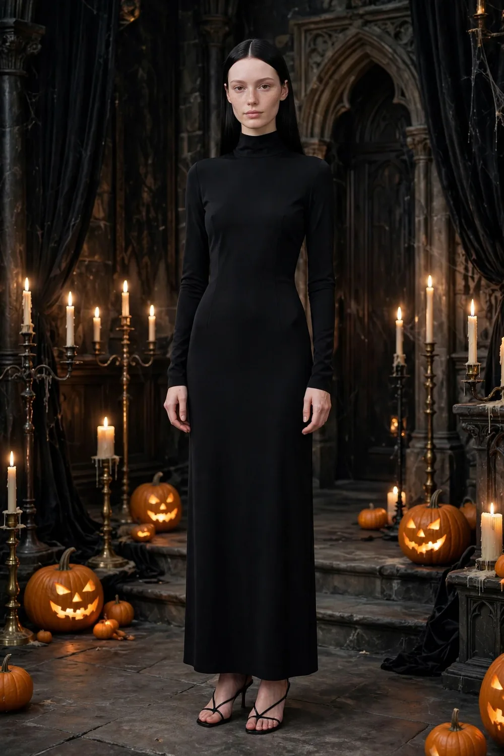 Woman in a long fitted black maxi dress with long sleeves