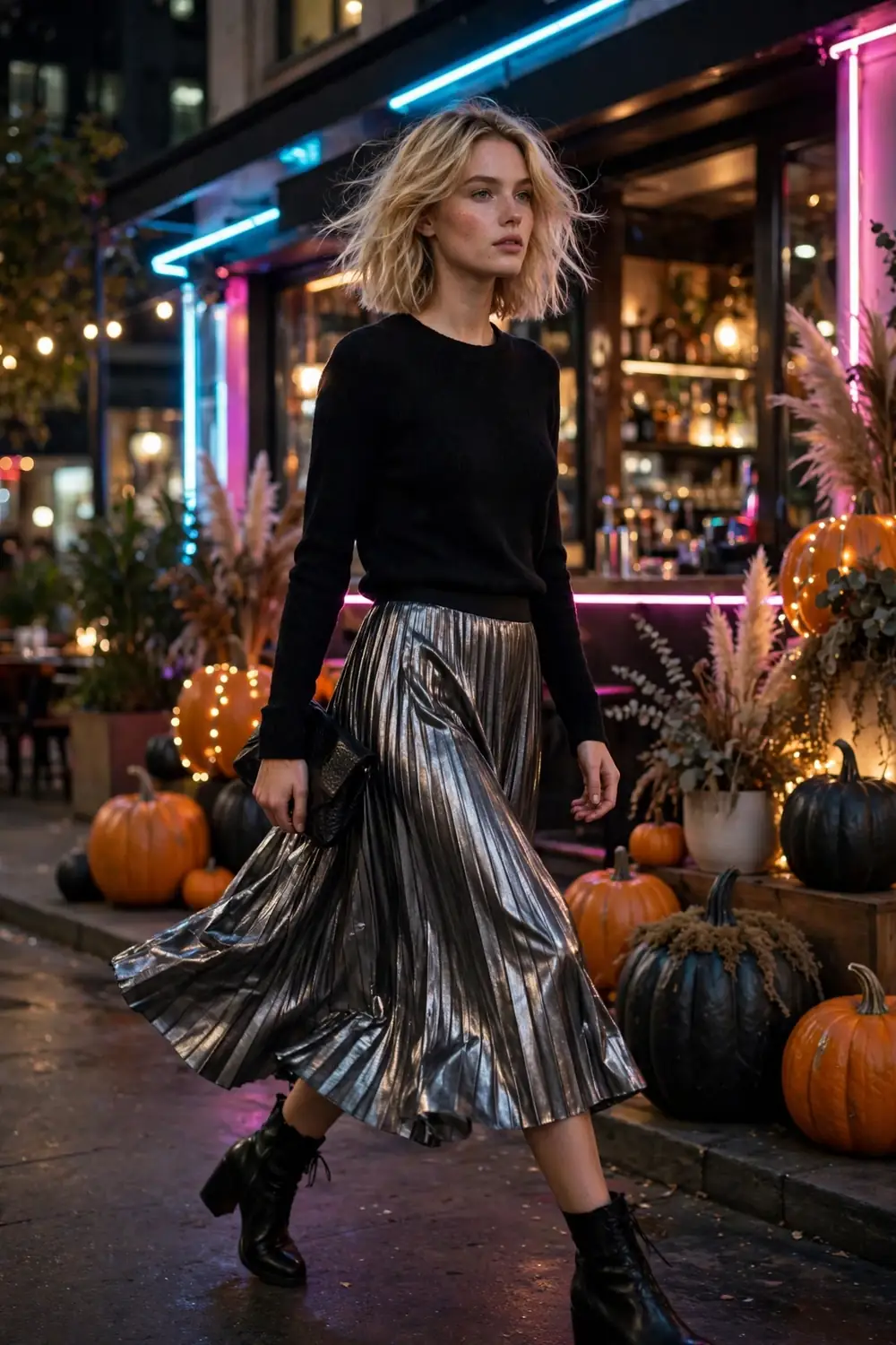 Woman wearing a gunmetal pleated midi skirt with a black knit