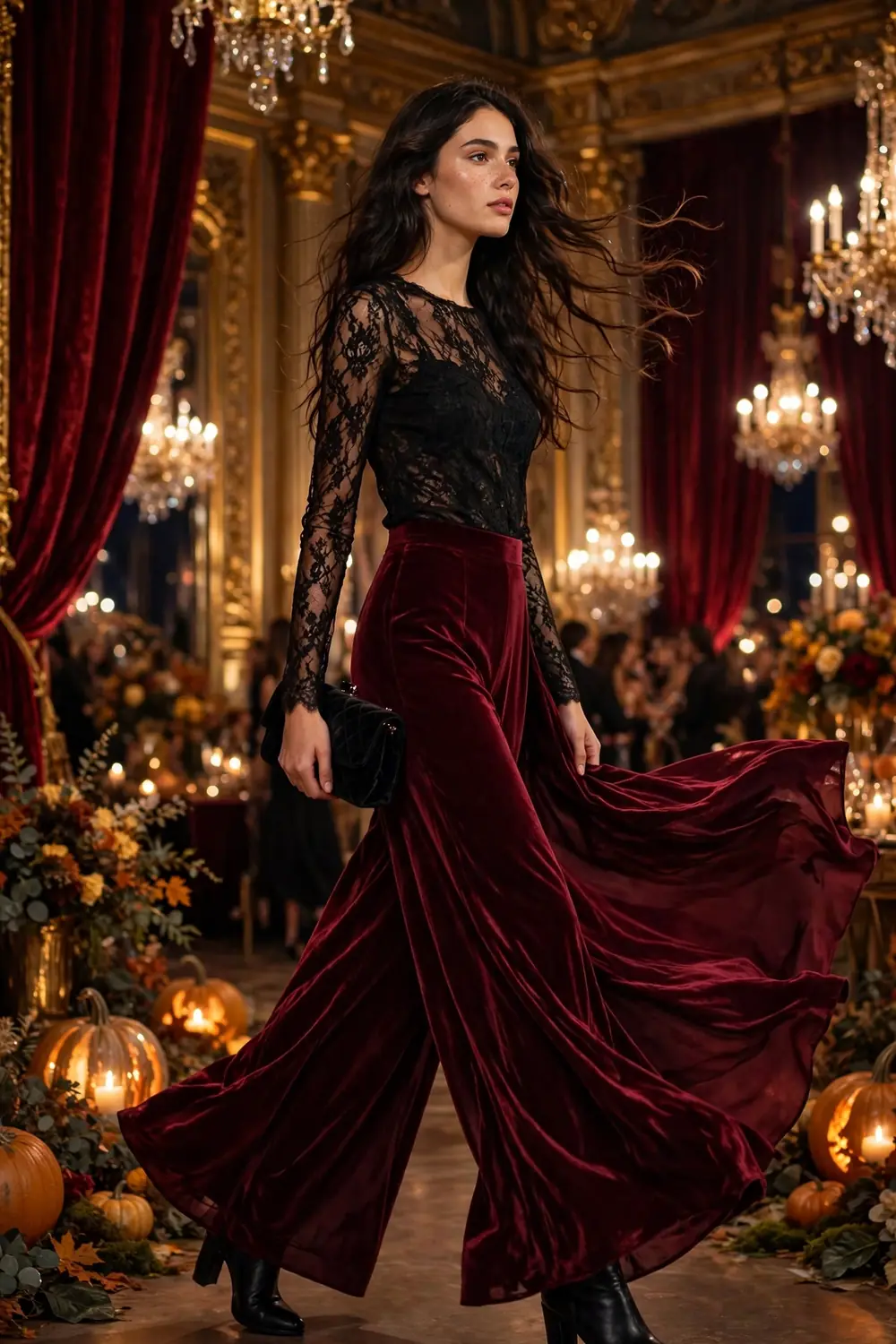 Woman in burgundy velvet palazzo trousers with a black lace top