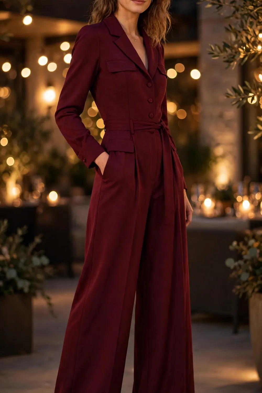 Woman wearing a burgundy wide leg jumpsuit with a defined waist at an evening event