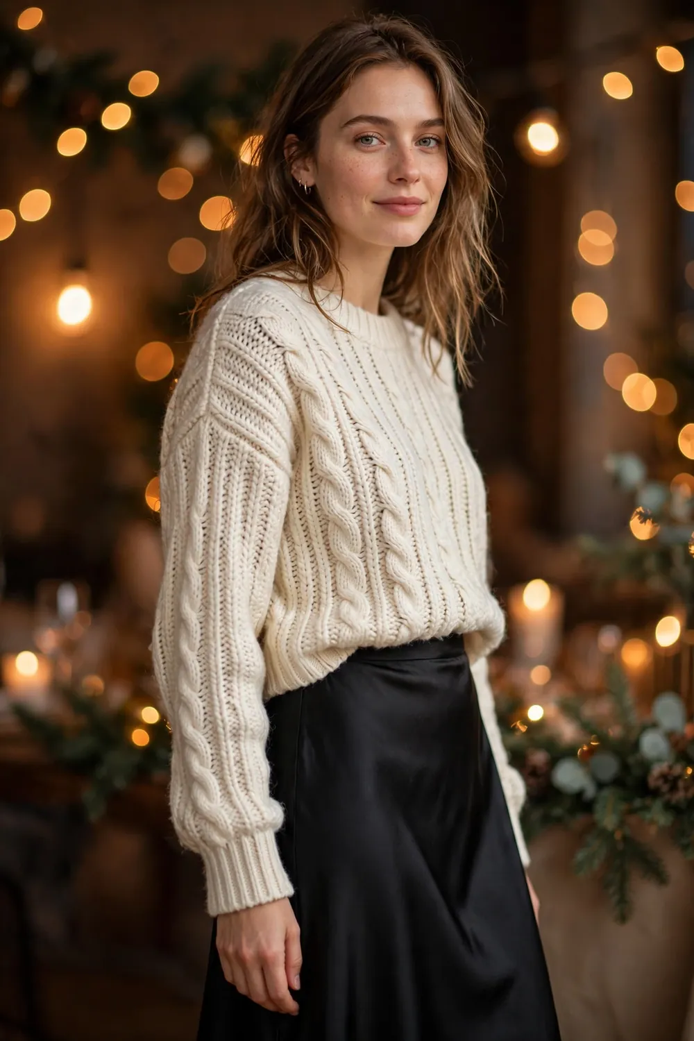 Woman in a black satin midi skirt with a cream fine knit sweater tucked loosely at the front