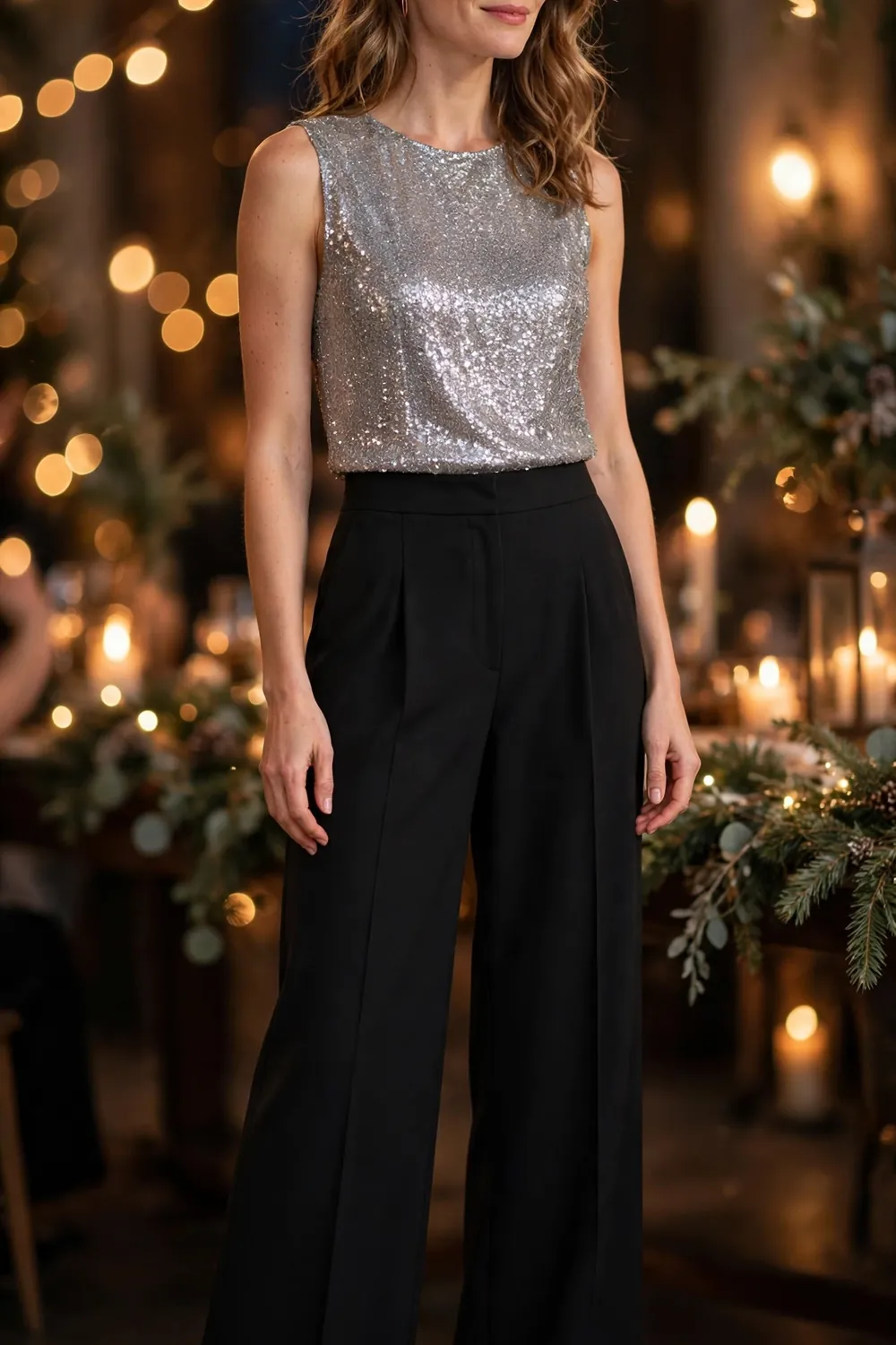 Woman wearing a silver sequin top tucked into black wide leg trousers under chandeliers