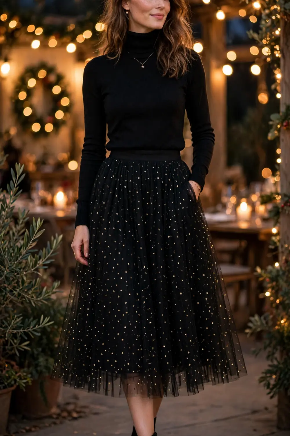Woman in a starry tulle midi skirt with a black turtleneck twirling at a party