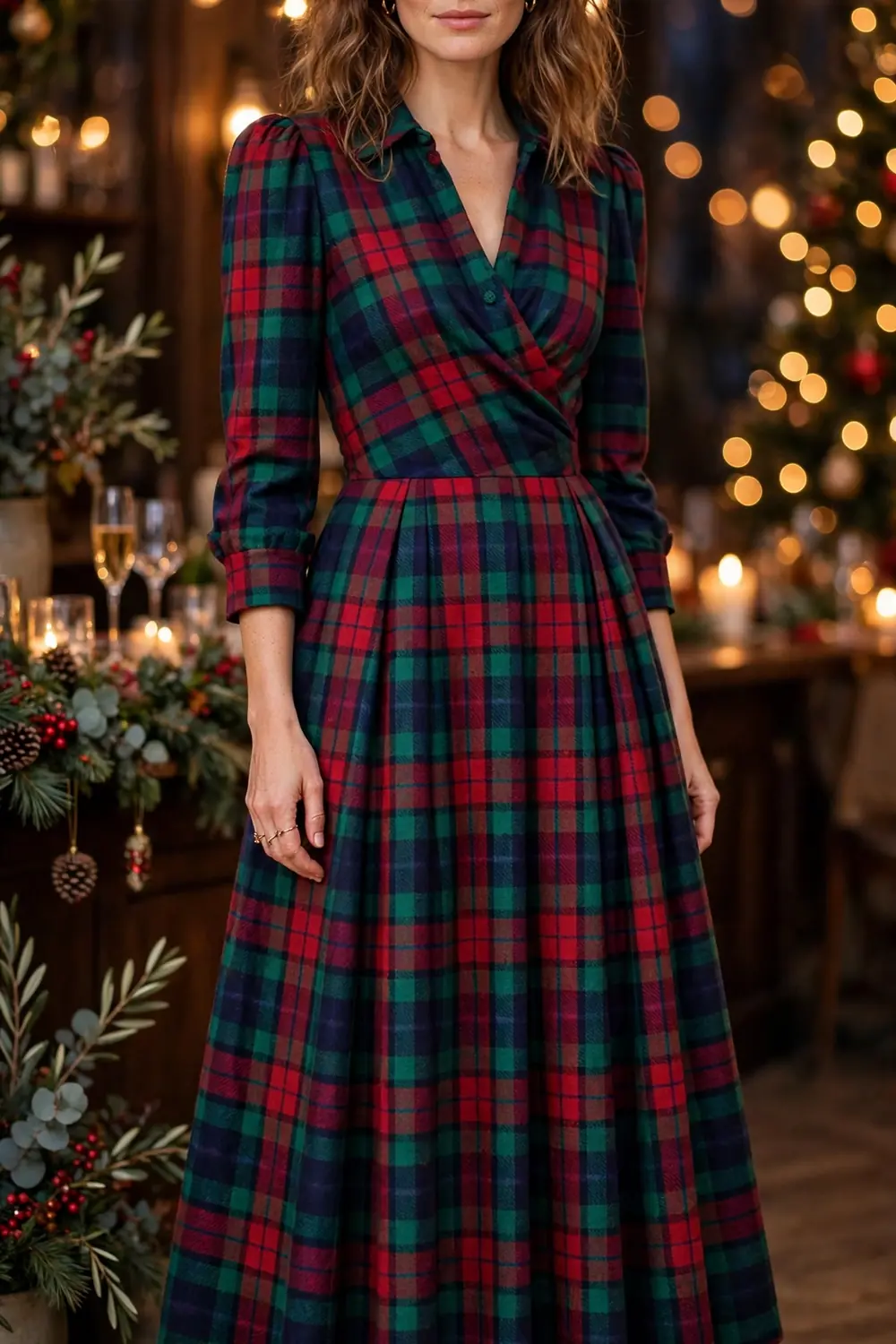 Woman in a jewel tone plaid fit and flare dress with knee high boots