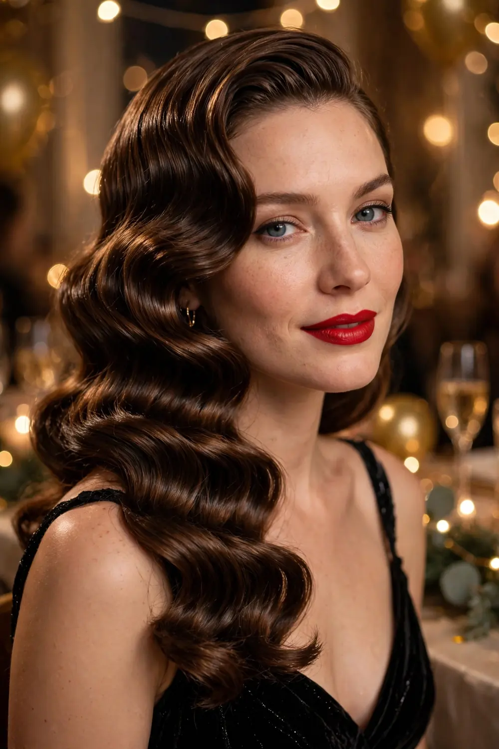 Woman with old Hollywood waves hairstyle at a New Years Eve party