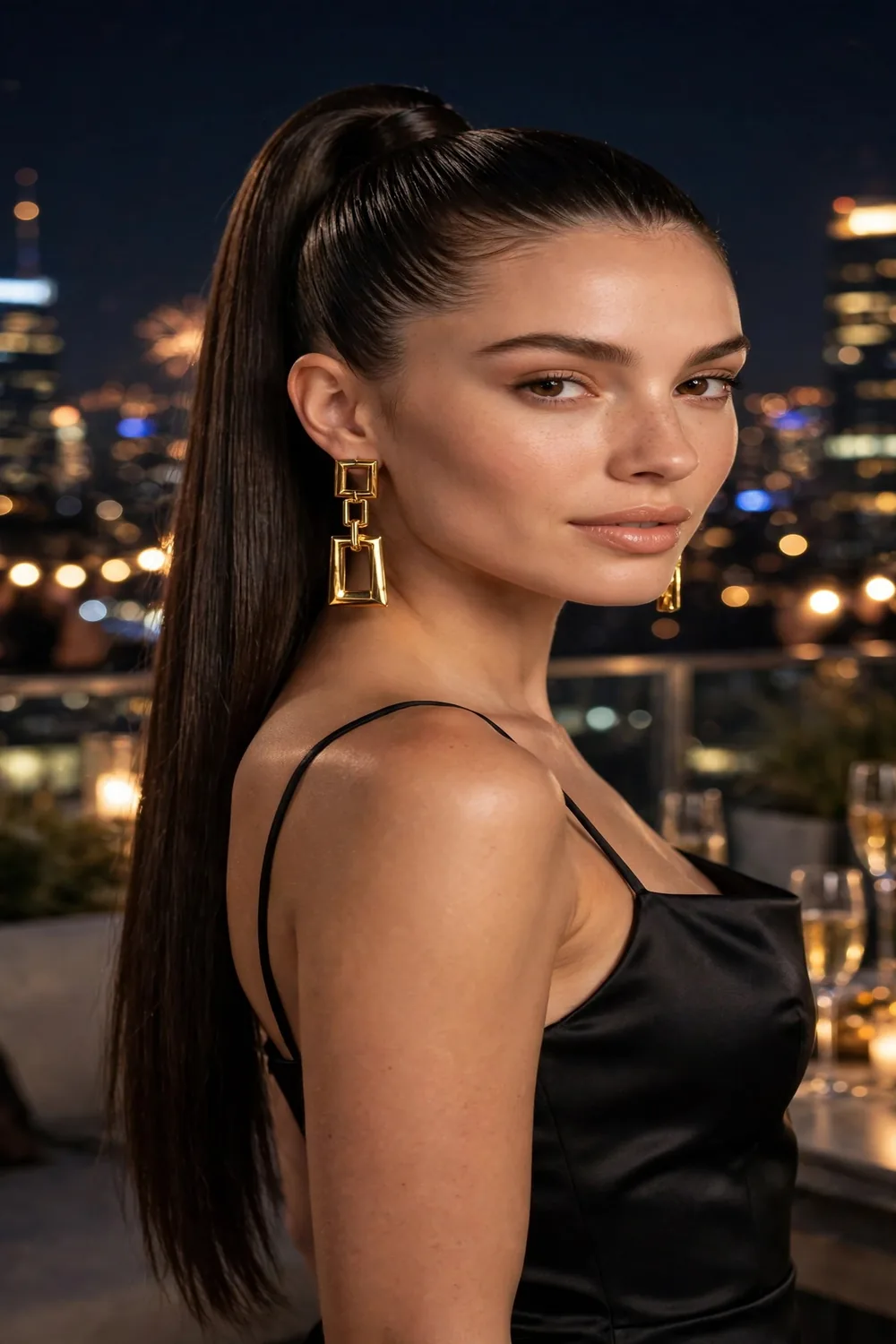 Woman with sleek high ponytail at a rooftop New Years Eve party