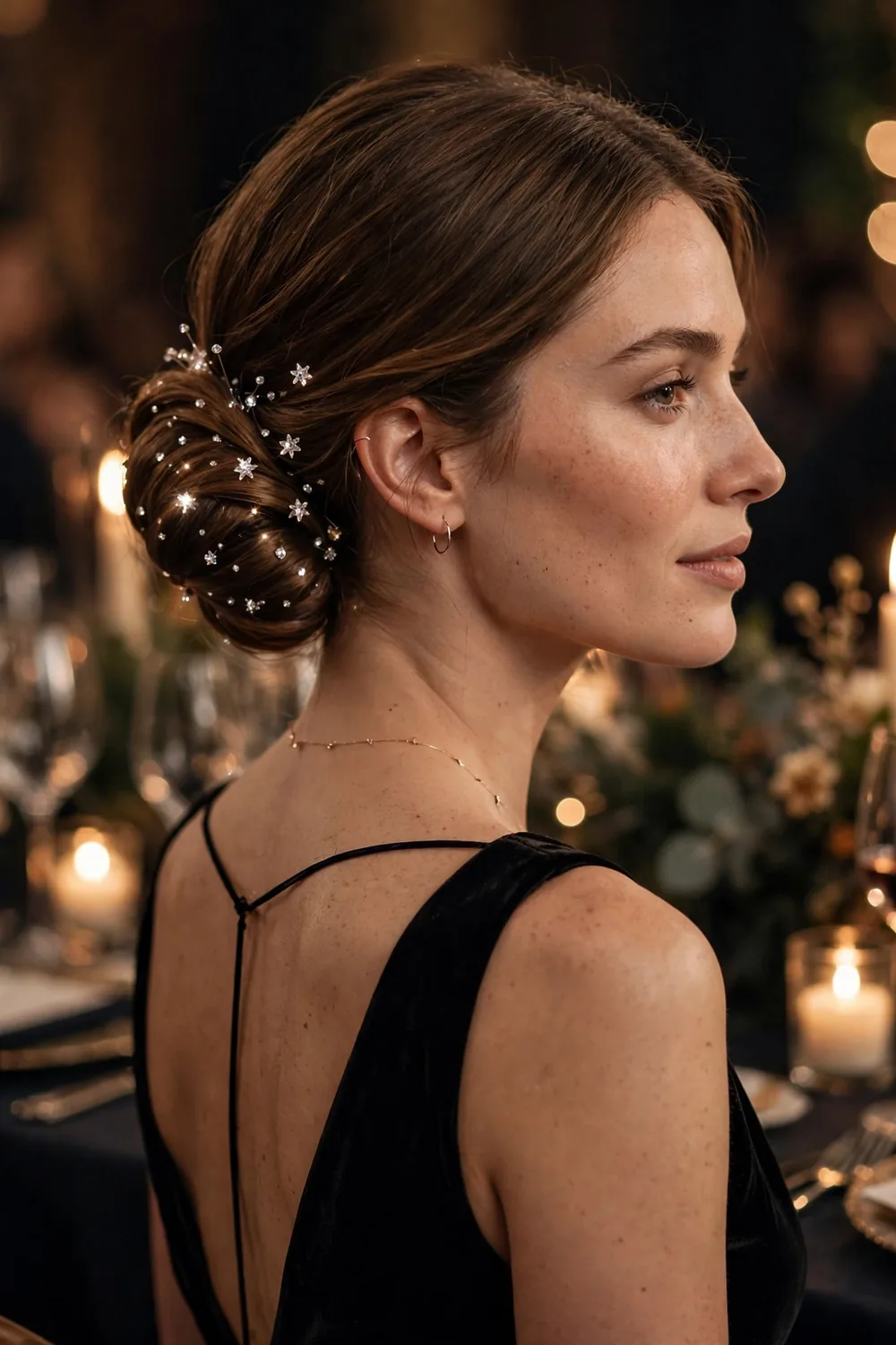 Low chignon hairstyle decorated with crystal sparkle pins