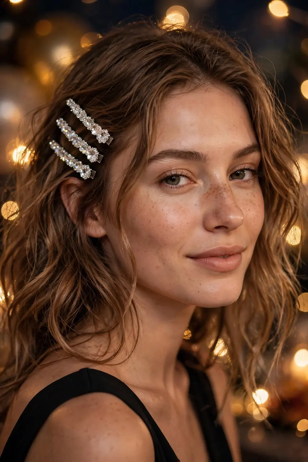 Loose waves styled with crystal hair clips on one side