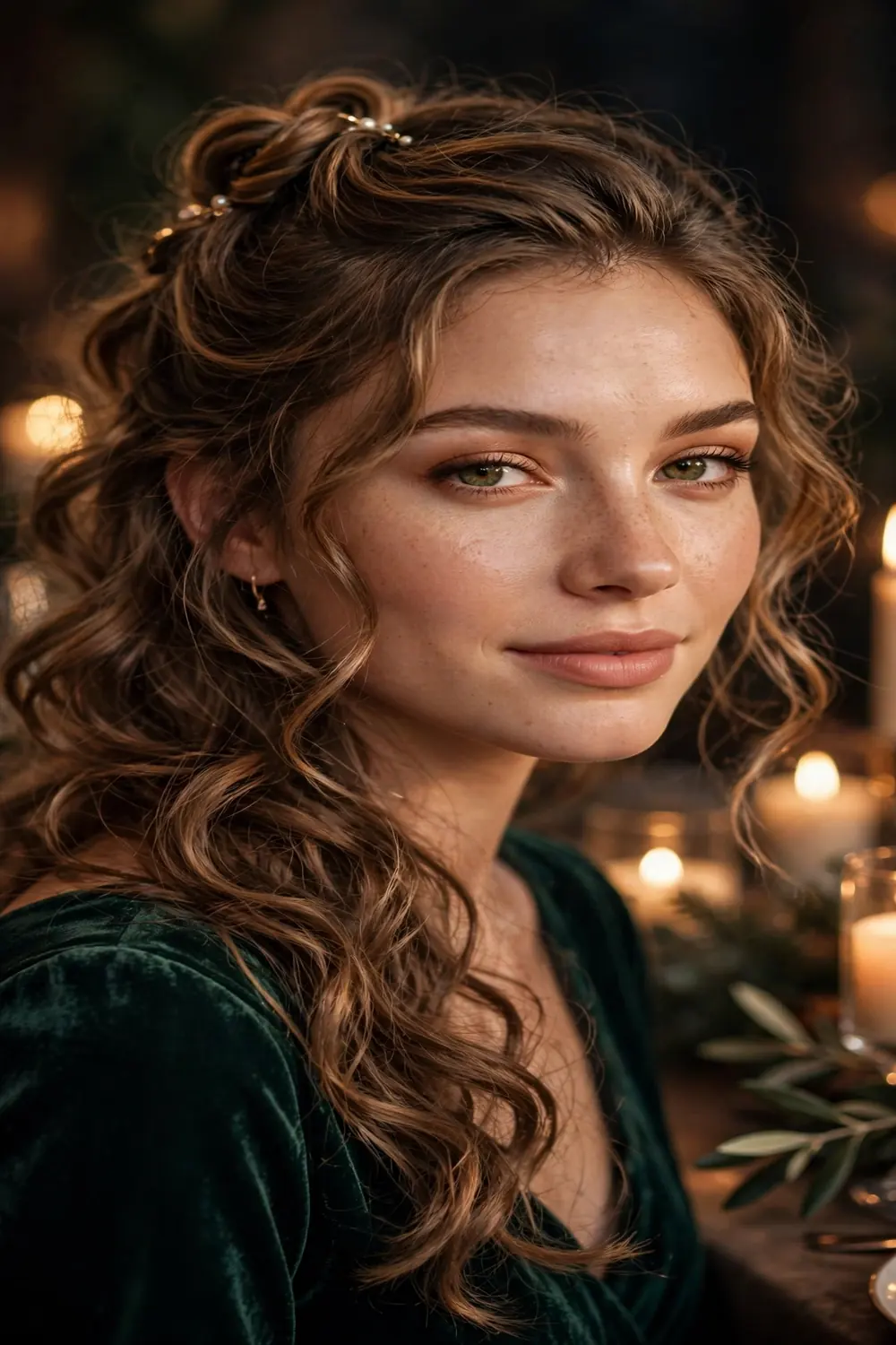 Romantic half up half down hairstyle with soft curls