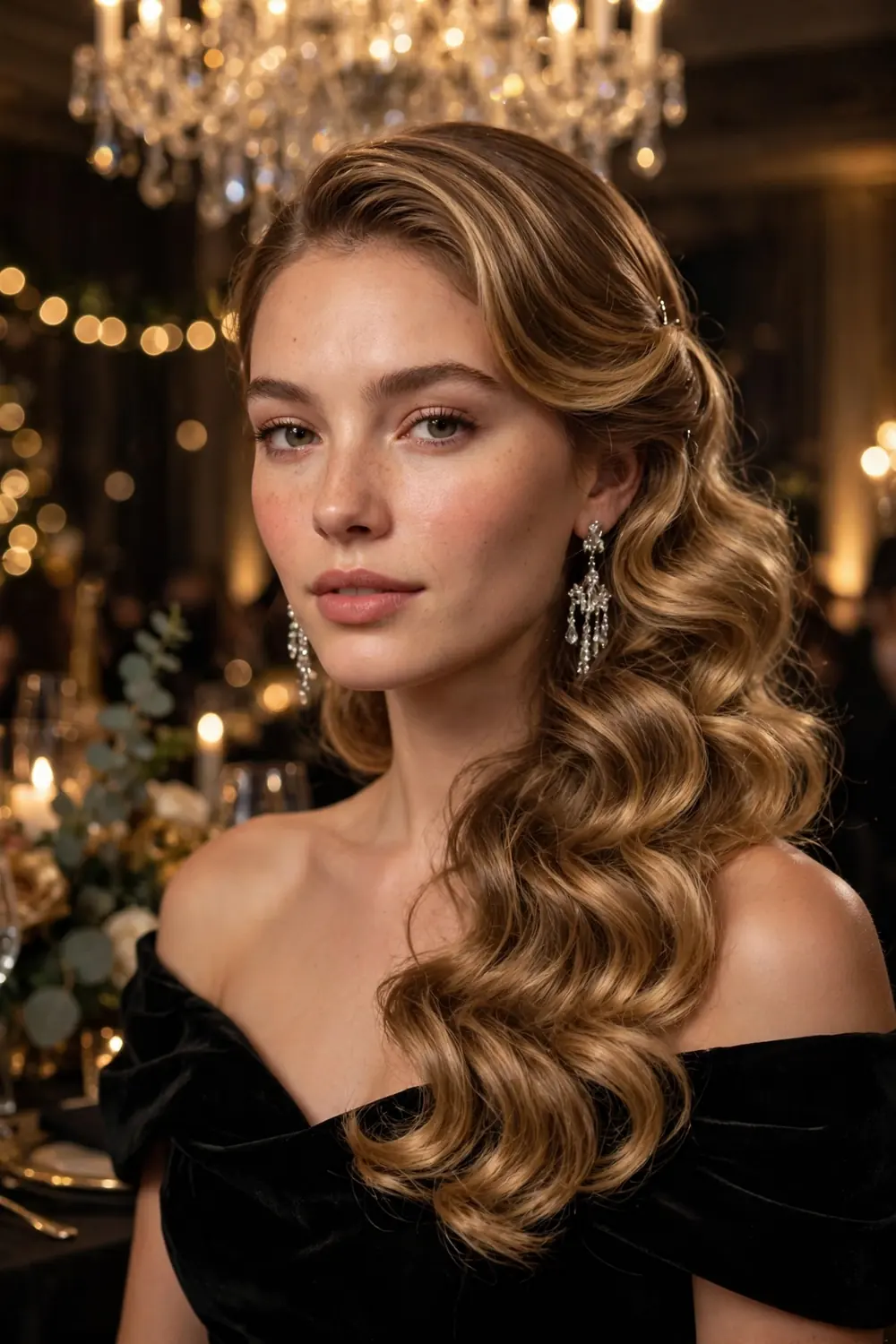 Side swept Hollywood curls over one shoulder