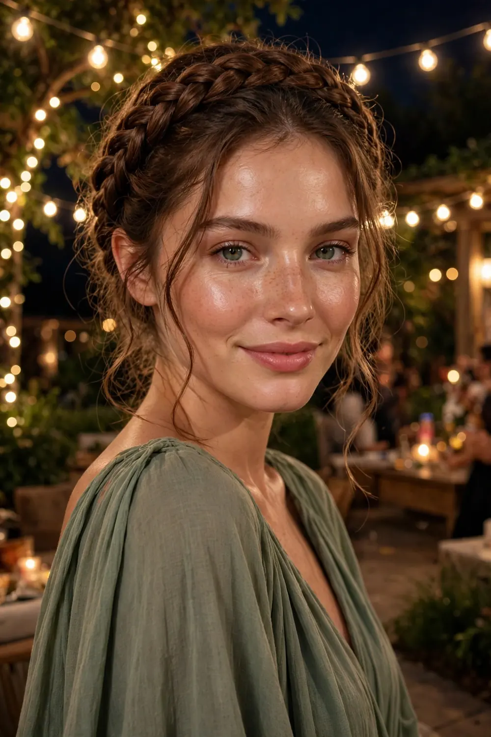 Braided crown hairstyle with soft tendrils at an outdoor party