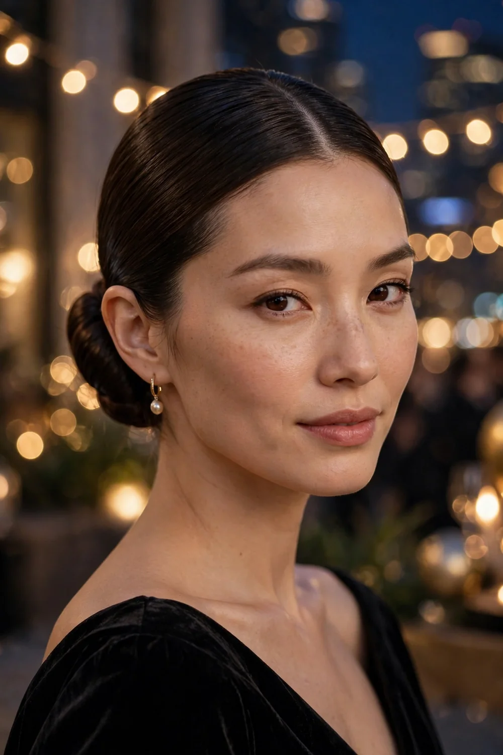 Sleek low bun with precise middle part