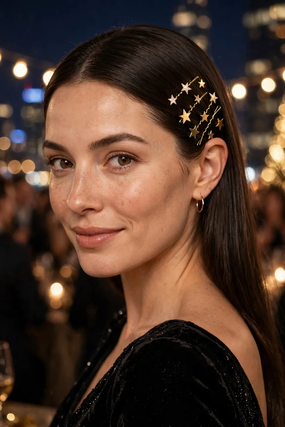 Straight hair decorated with gold star bobby pins