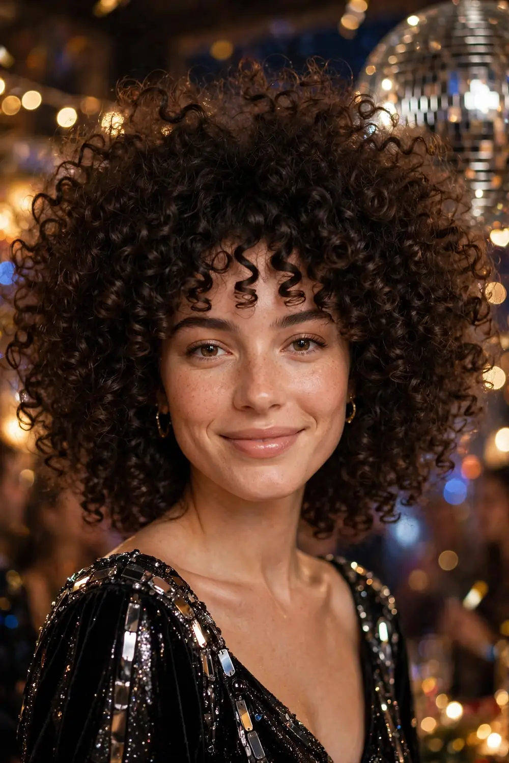 Voluminous disco curls with retro inspired shape