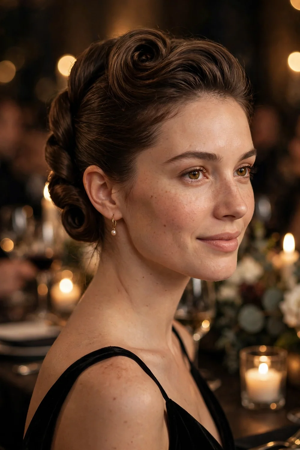 Elegant French twist updo at a formal dinner