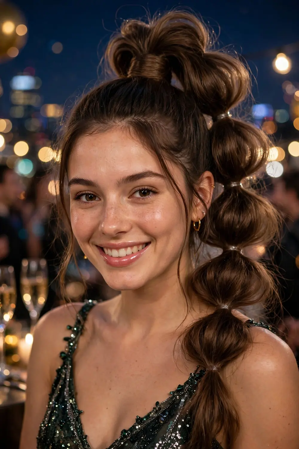 High bubble ponytail with rounded sections