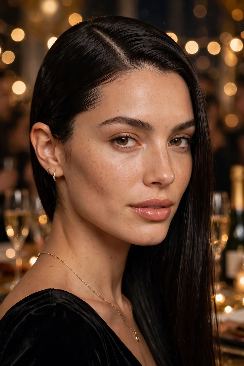 Sleek straight hair with deep side part tucked behind ear