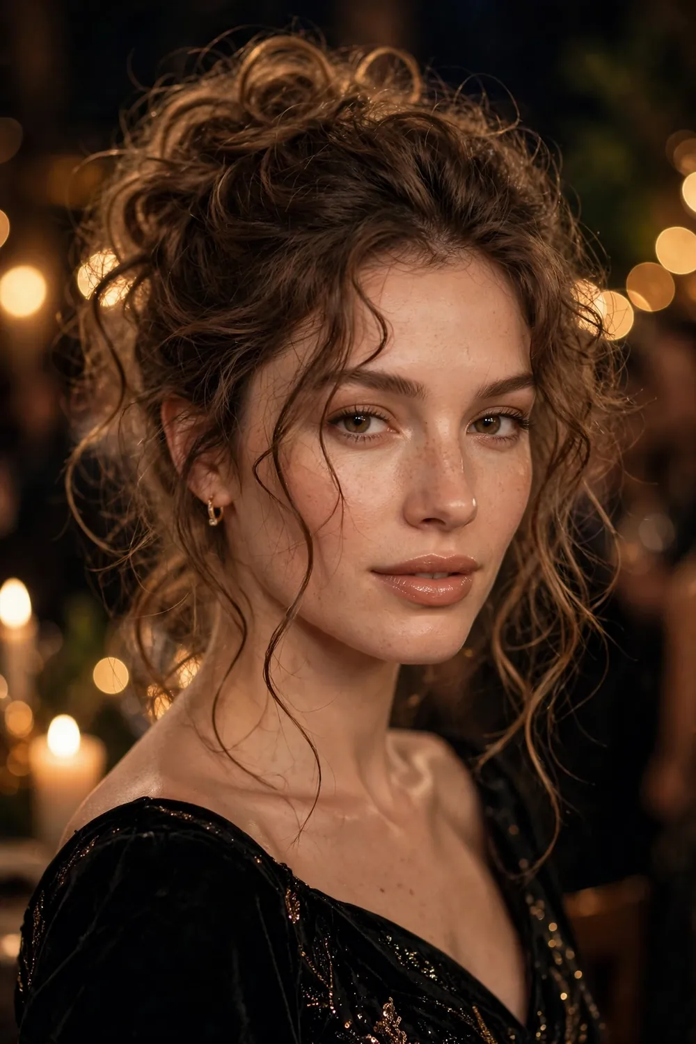 Messy glam updo with loose romantic tendrils