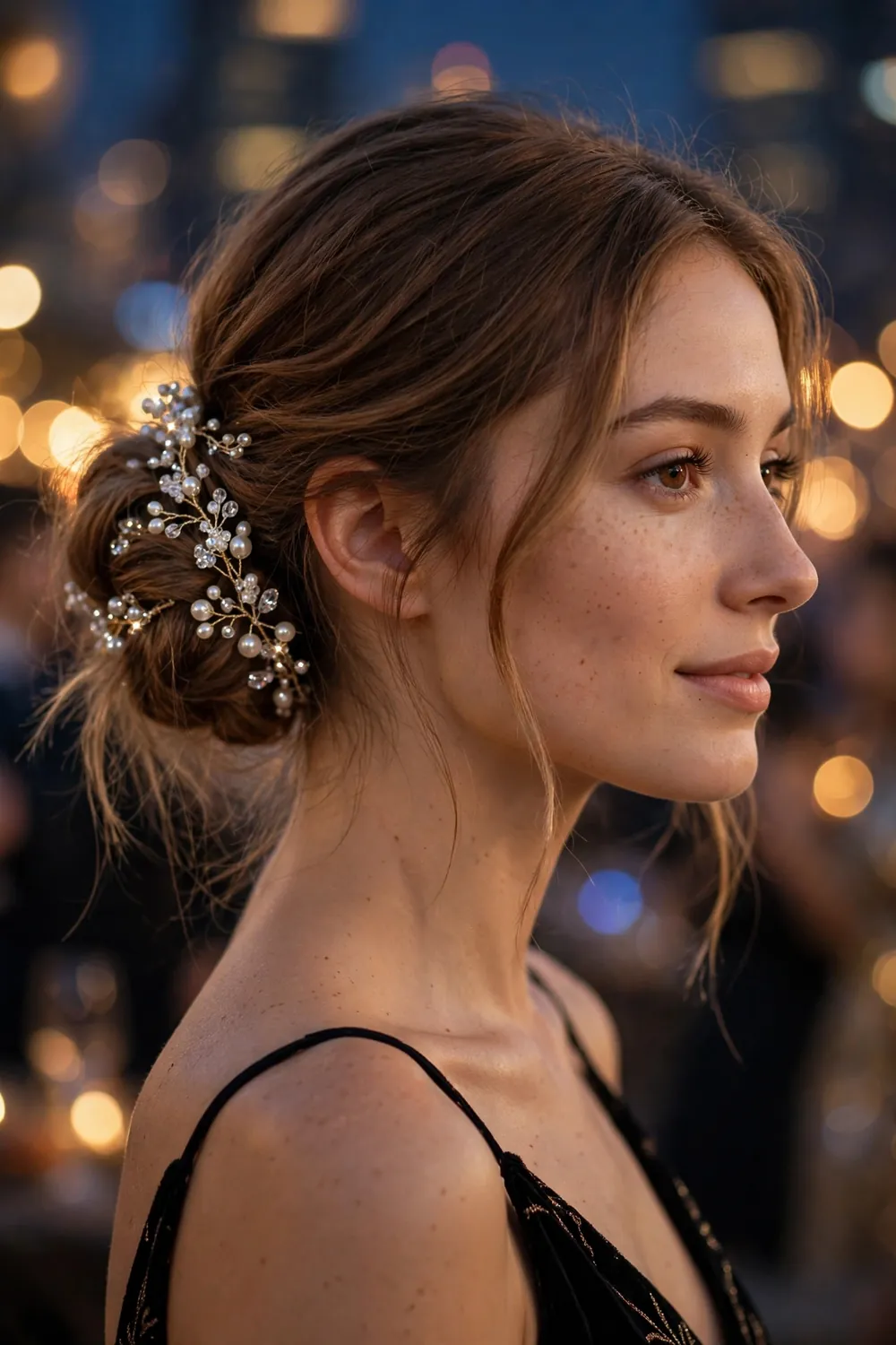 Low bun woven with bejeweled crystal hair vine