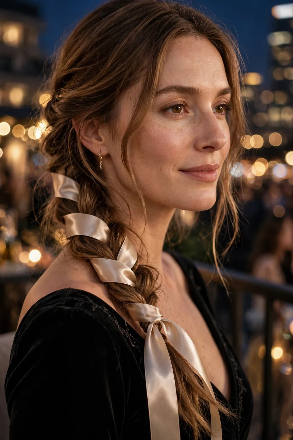 Loose braid woven with champagne satin ribbon