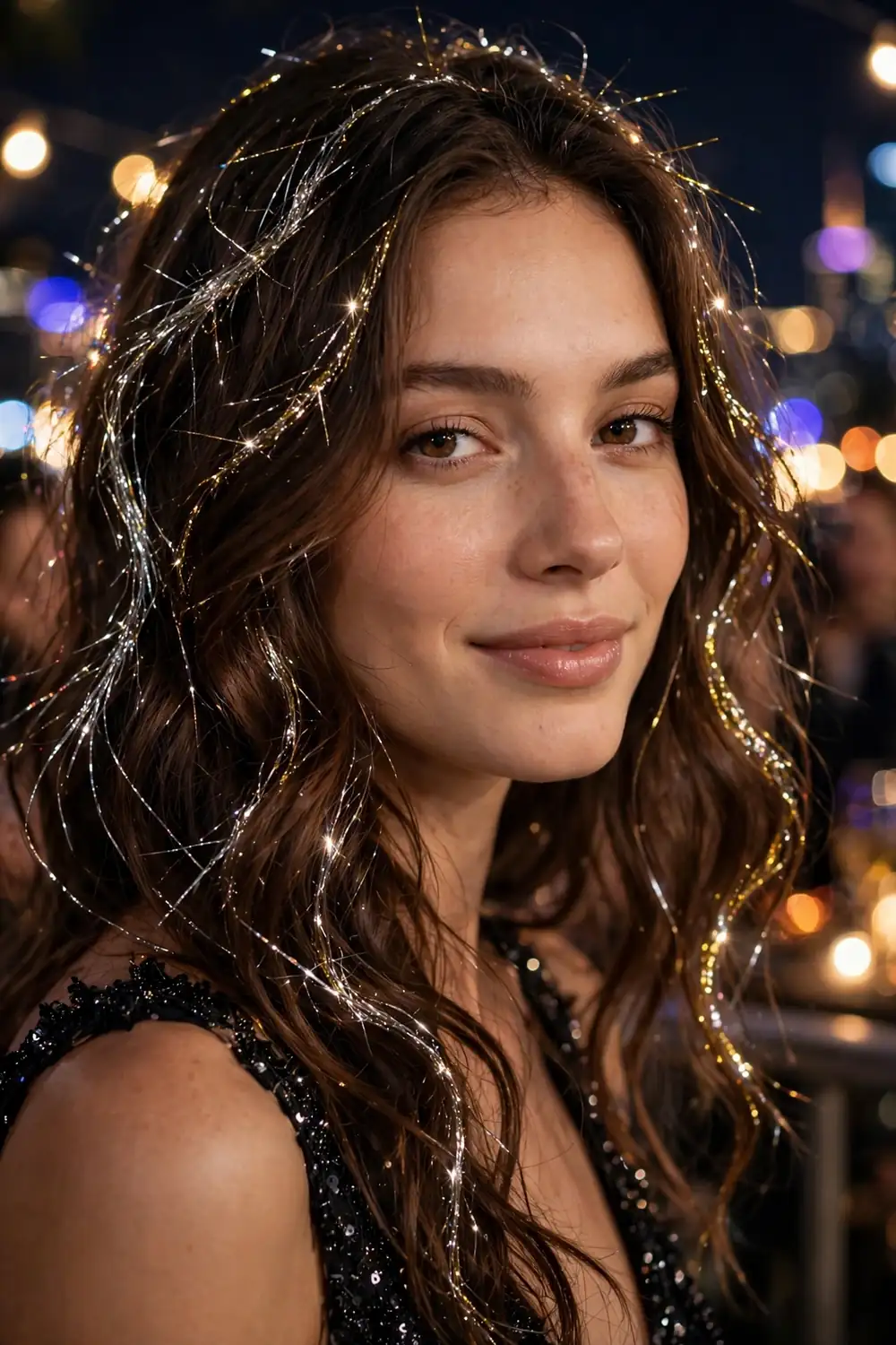 Loose waves with gold and silver tinsel hair strands