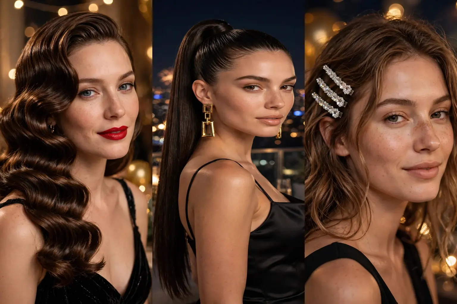 Collage of three New Years Eve hairstyles: old Hollywood waves, sleek high ponytail, crystal hair clips