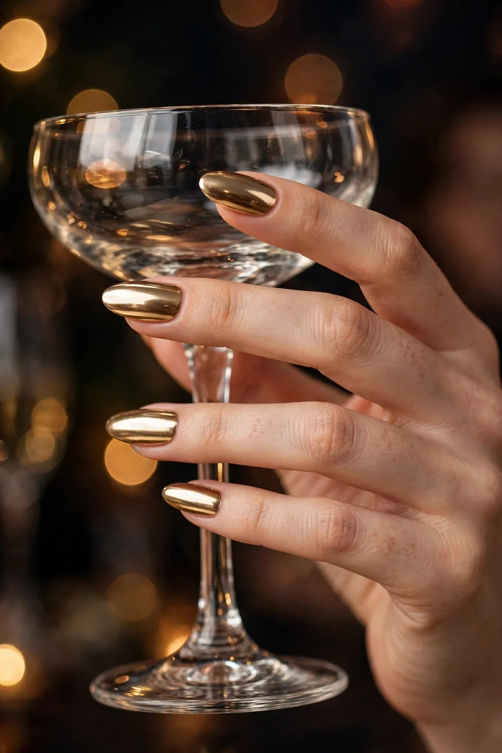 Champagne gold chrome New Years Eve nails with mirror shine