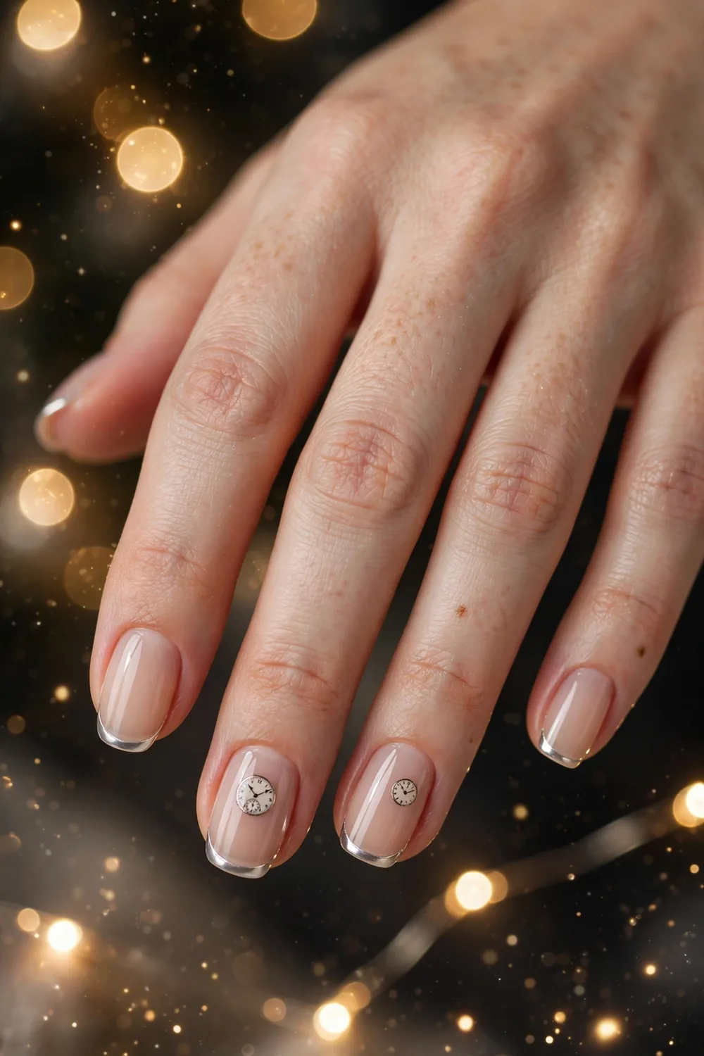 Sheer nude New Years Eve nails with mirrored silver micro French tips and clock detail