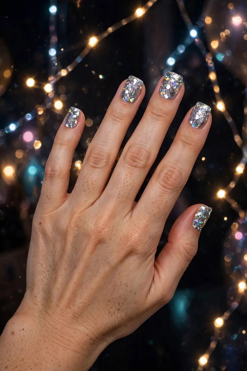 Silver holographic disco ball glitter New Years Eve nails