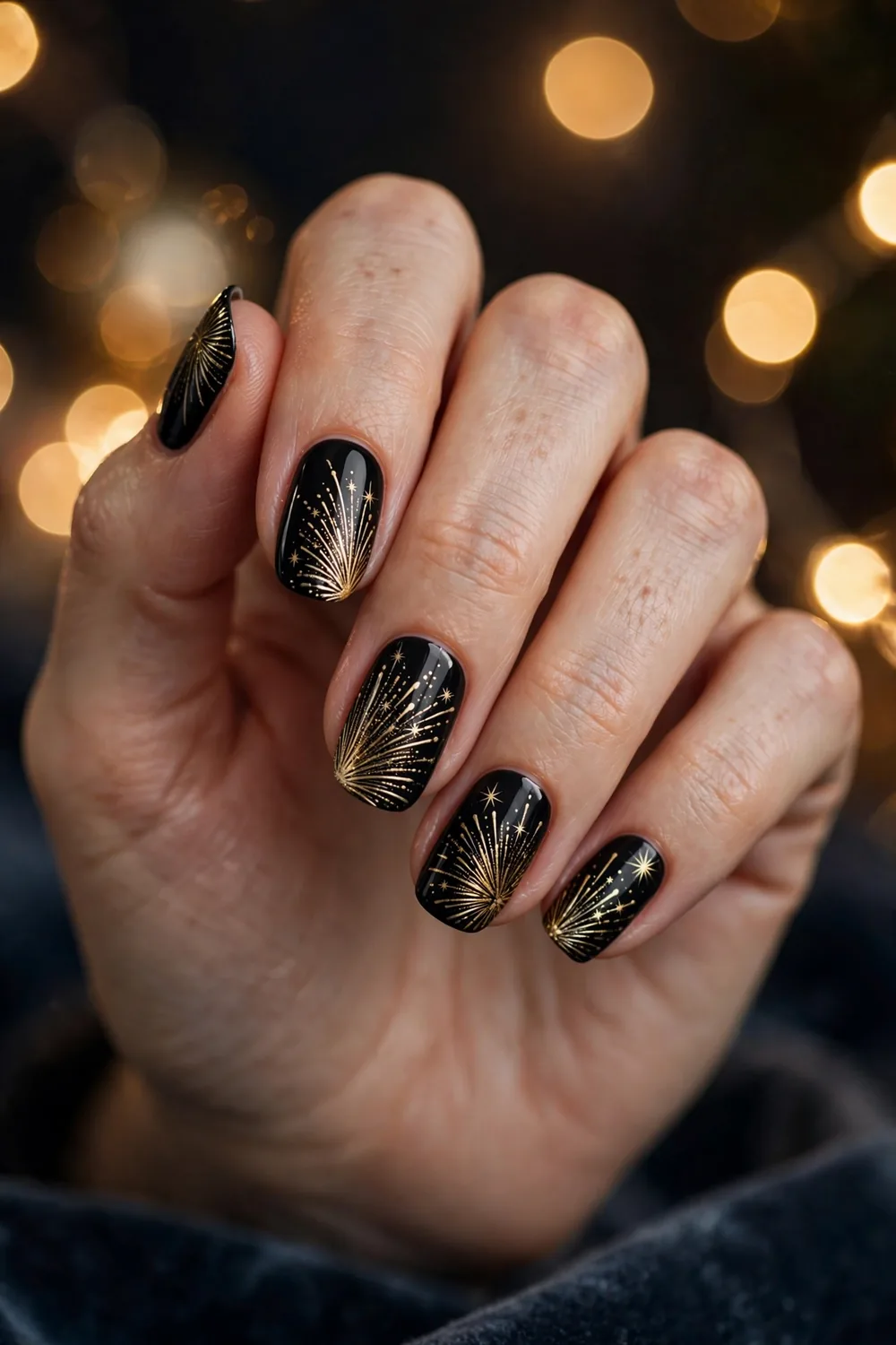 Glossy black New Years Eve nails with hand painted gold firework bursts