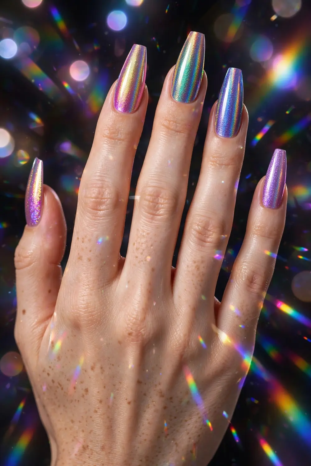 Rainbow holographic shimmer New Years Eve nails that shift colour in light
