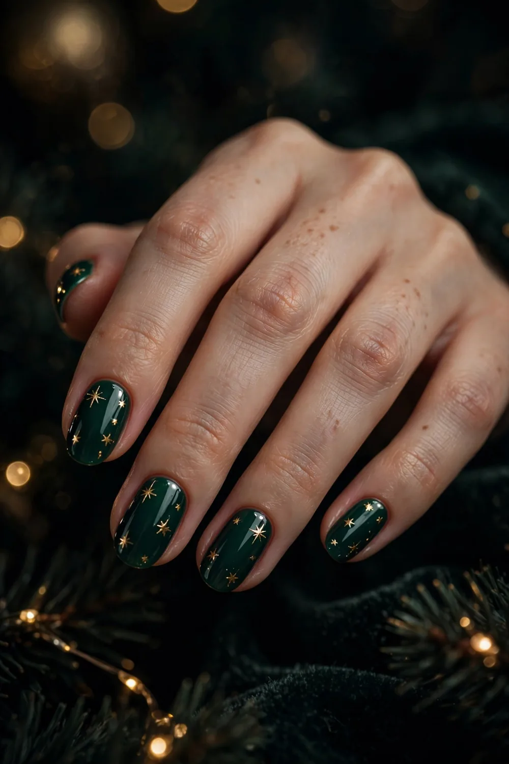 Deep emerald green New Years Eve nails with tiny gold star decals