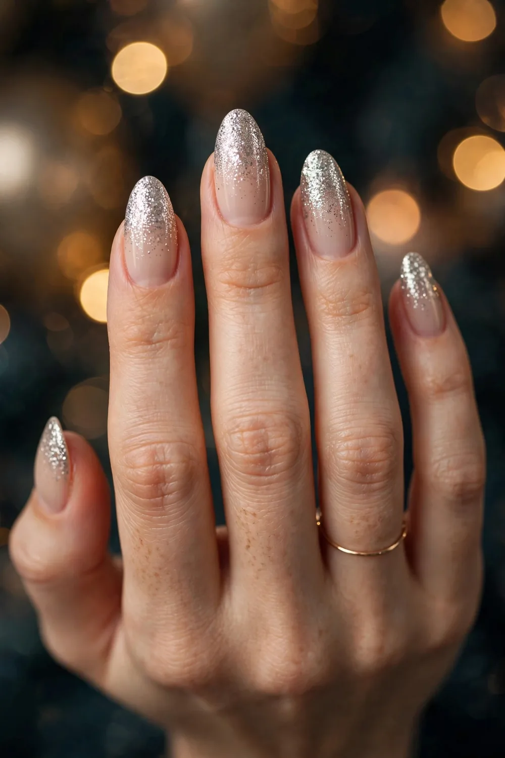 Nude to silver glitter ombre New Years Eve nails with dense sparkle at tips