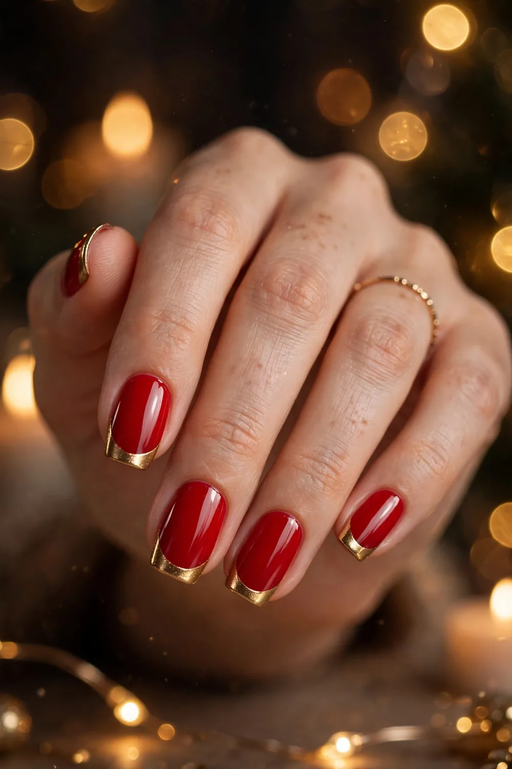 Classic glossy red New Years Eve nails with metallic gold French tips