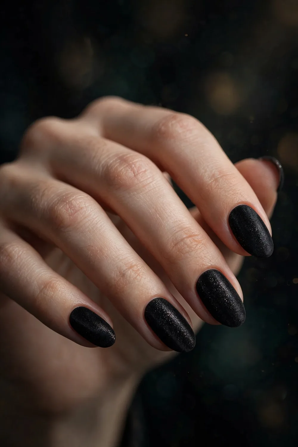 Matte black velvet textured New Years Eve nails with subtle shimmer