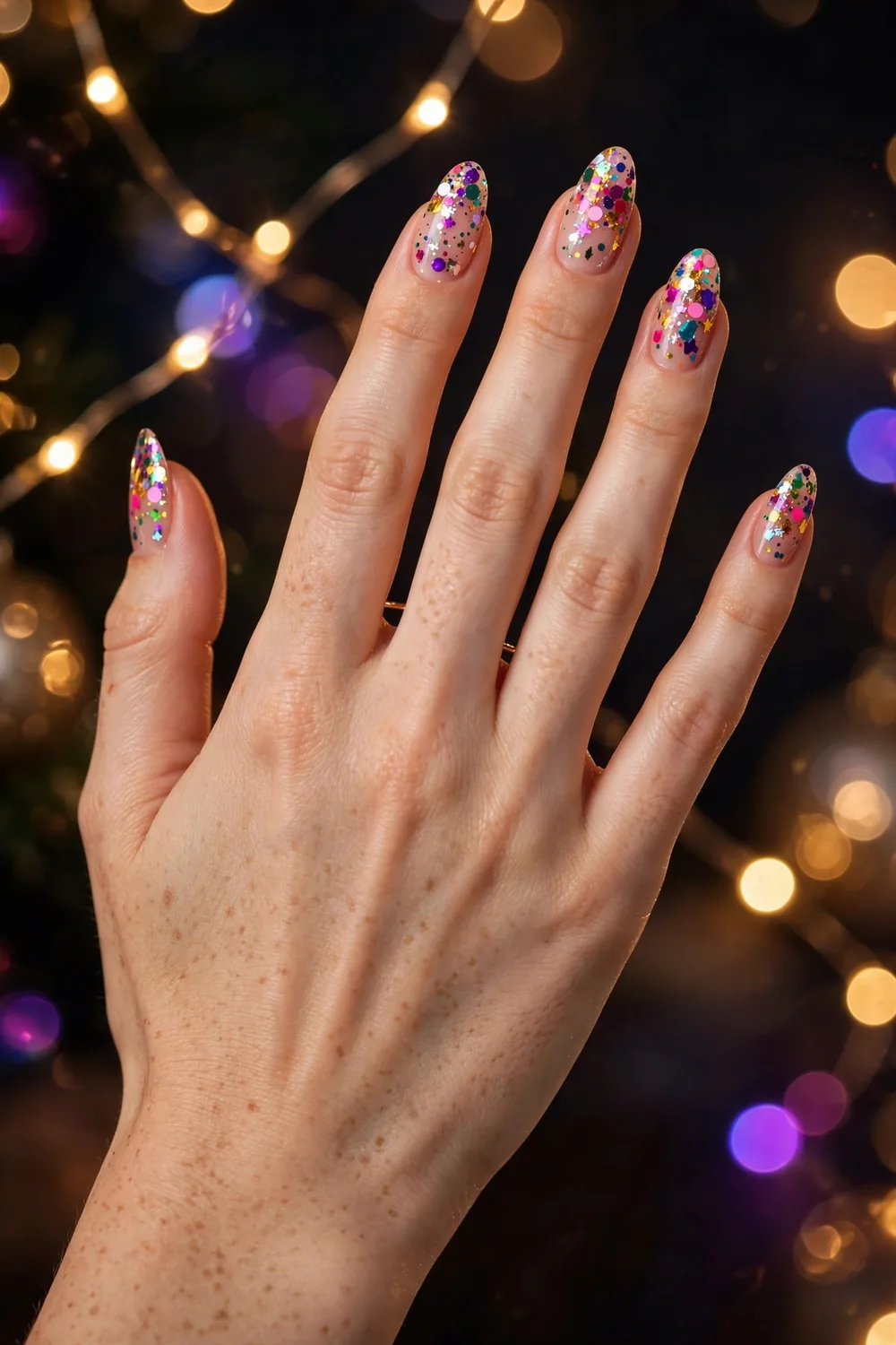 Clear nude New Years Eve nails covered in multicolour confetti glitter pieces