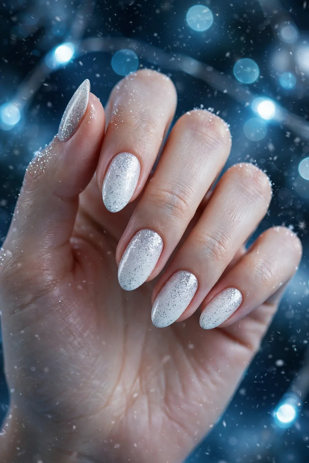White New Years Eve nails dusted with fine silver glitter like snow sparkle
