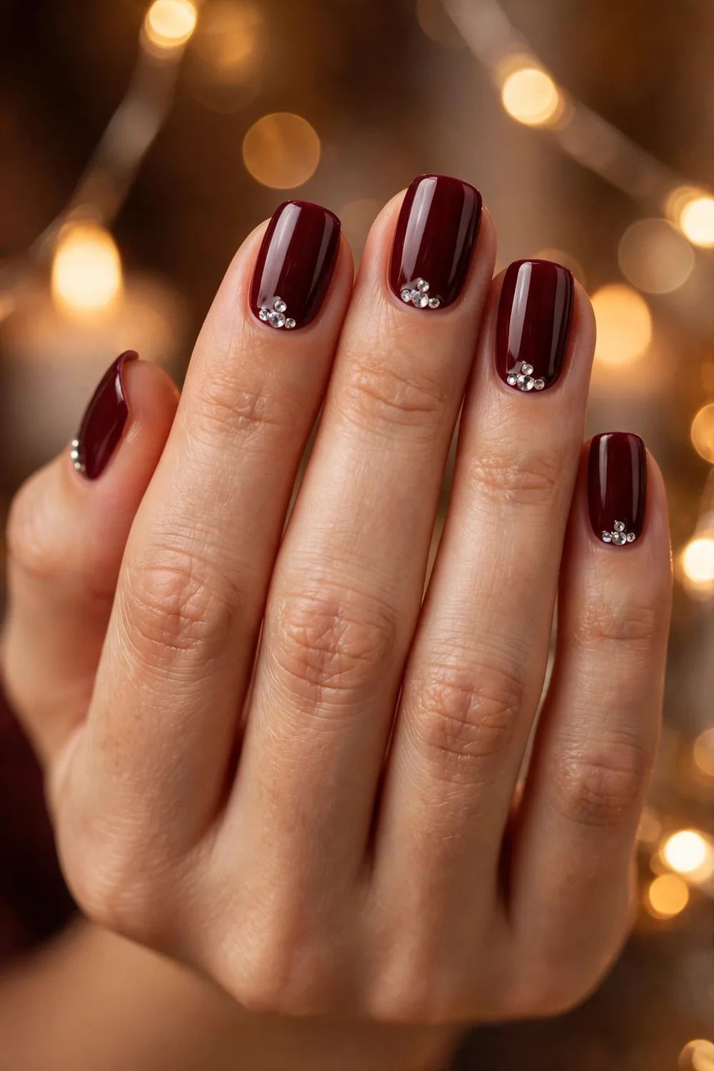 Deep burgundy wine New Years Eve nails with crystal rhinestones near cuticles