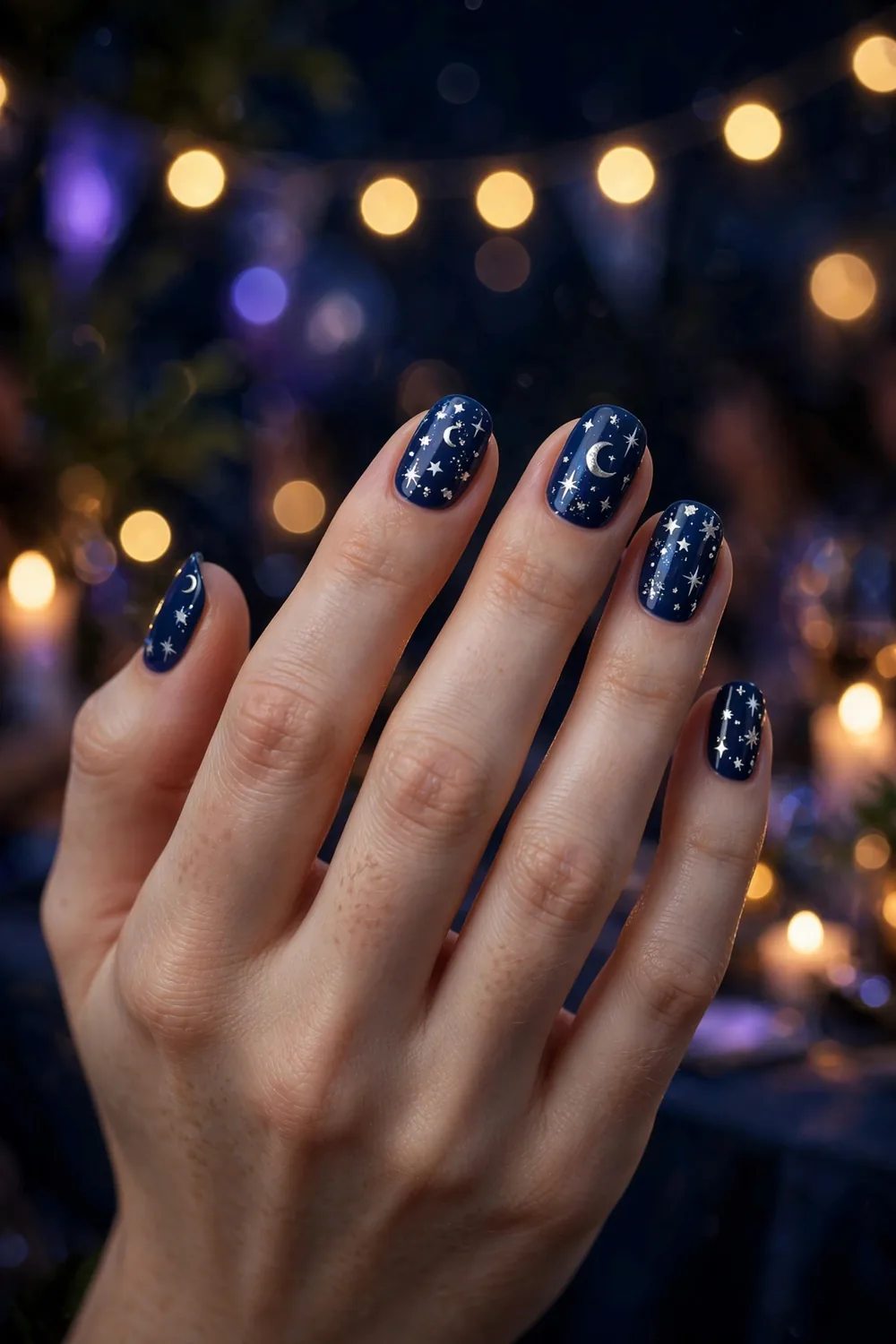 Deep navy blue New Years Eve nails with white and silver star and moon nail art