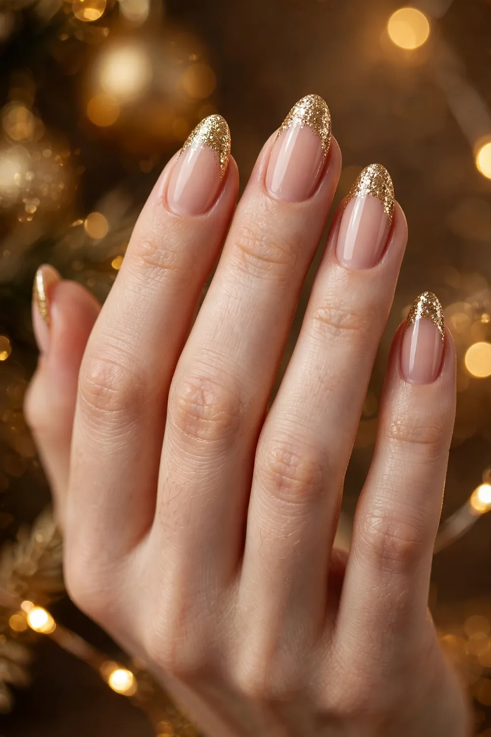 Almond shaped nude New Years Eve nails with dense gold glitter tips