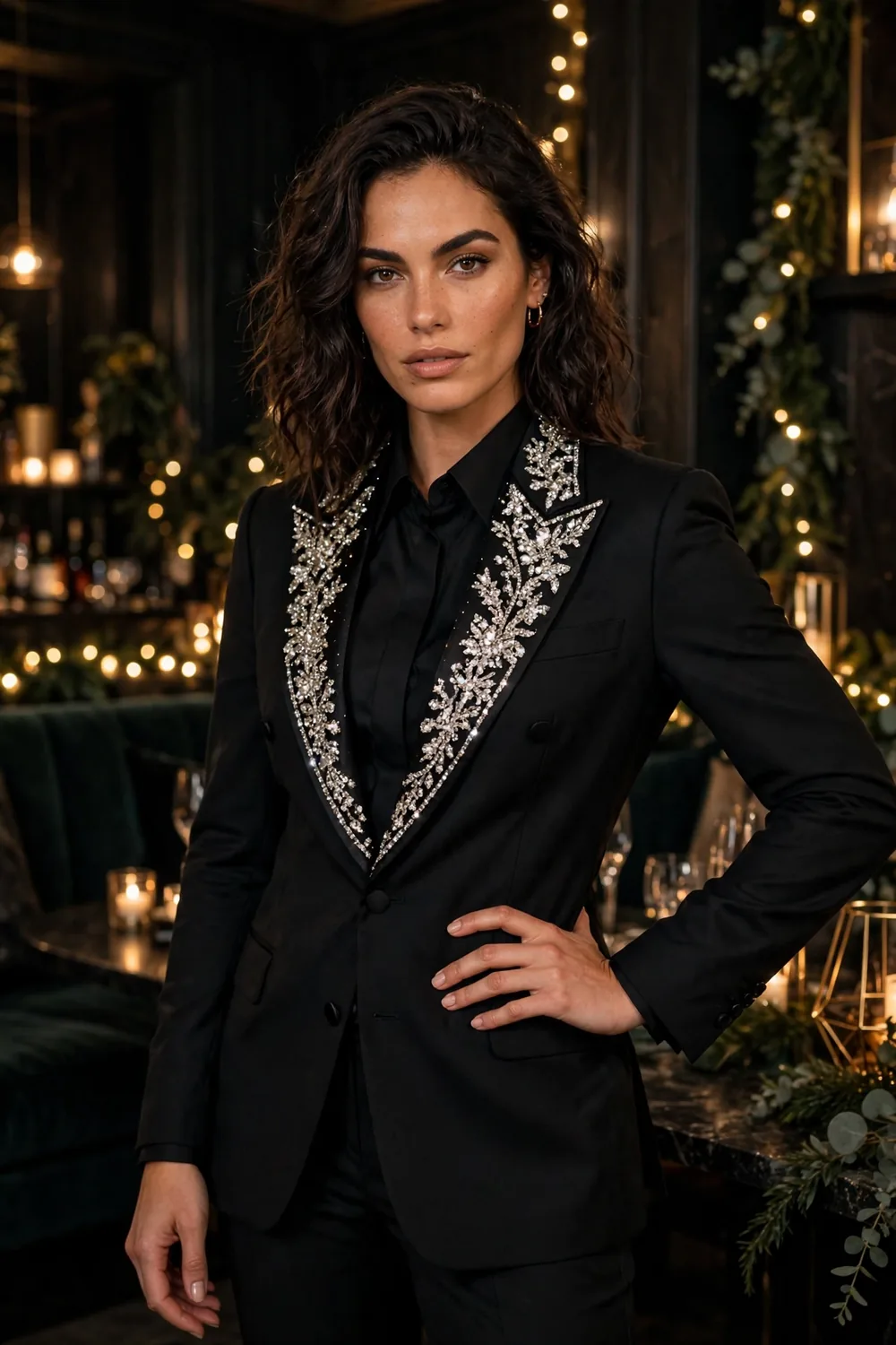Woman in a black tuxedo suit with crystal embellishments
