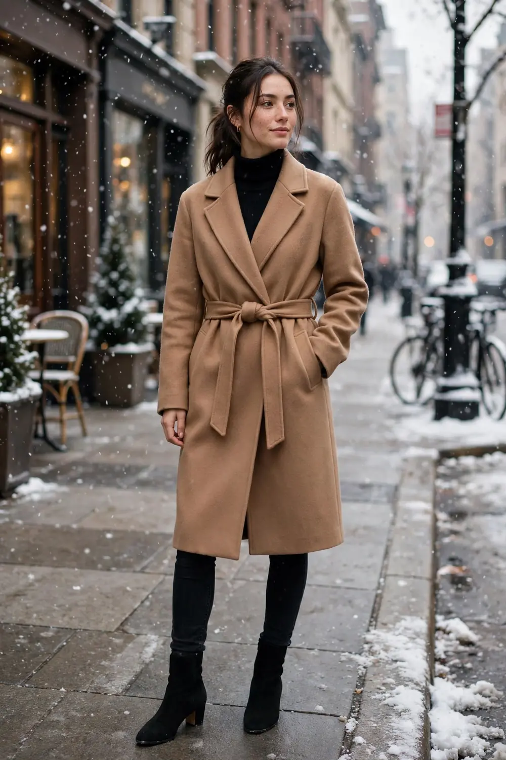 Petite woman in belted camel wrap coat with black jeans and boots