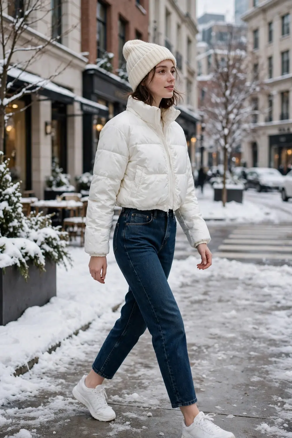 Petite woman in cropped white puffer with high waisted trousers
