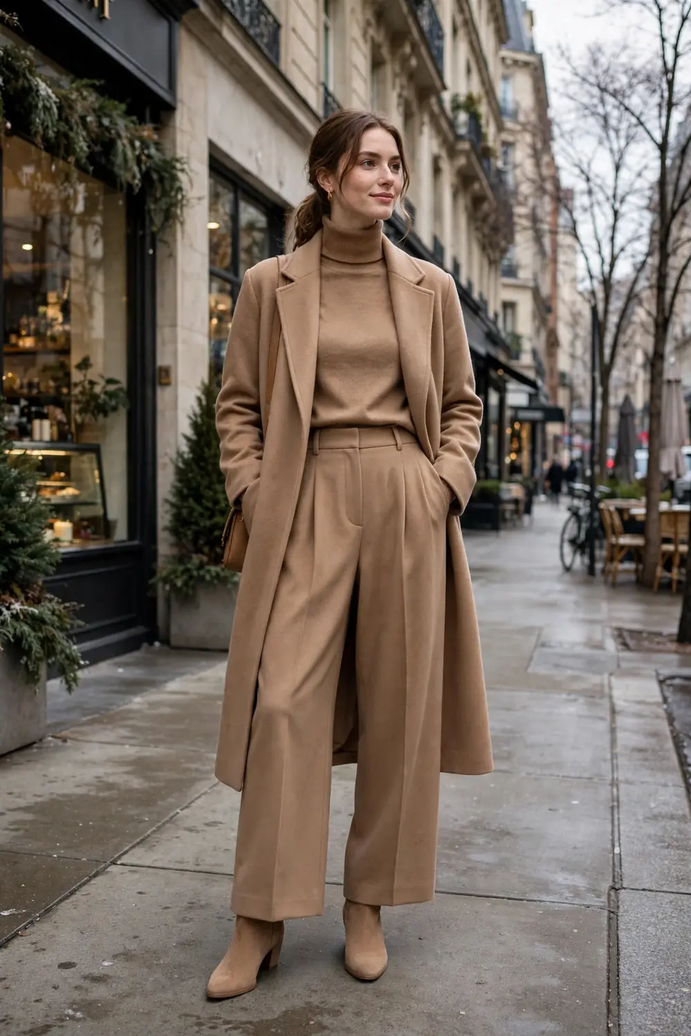 Petite woman in long camel coat over matching camel outfit
