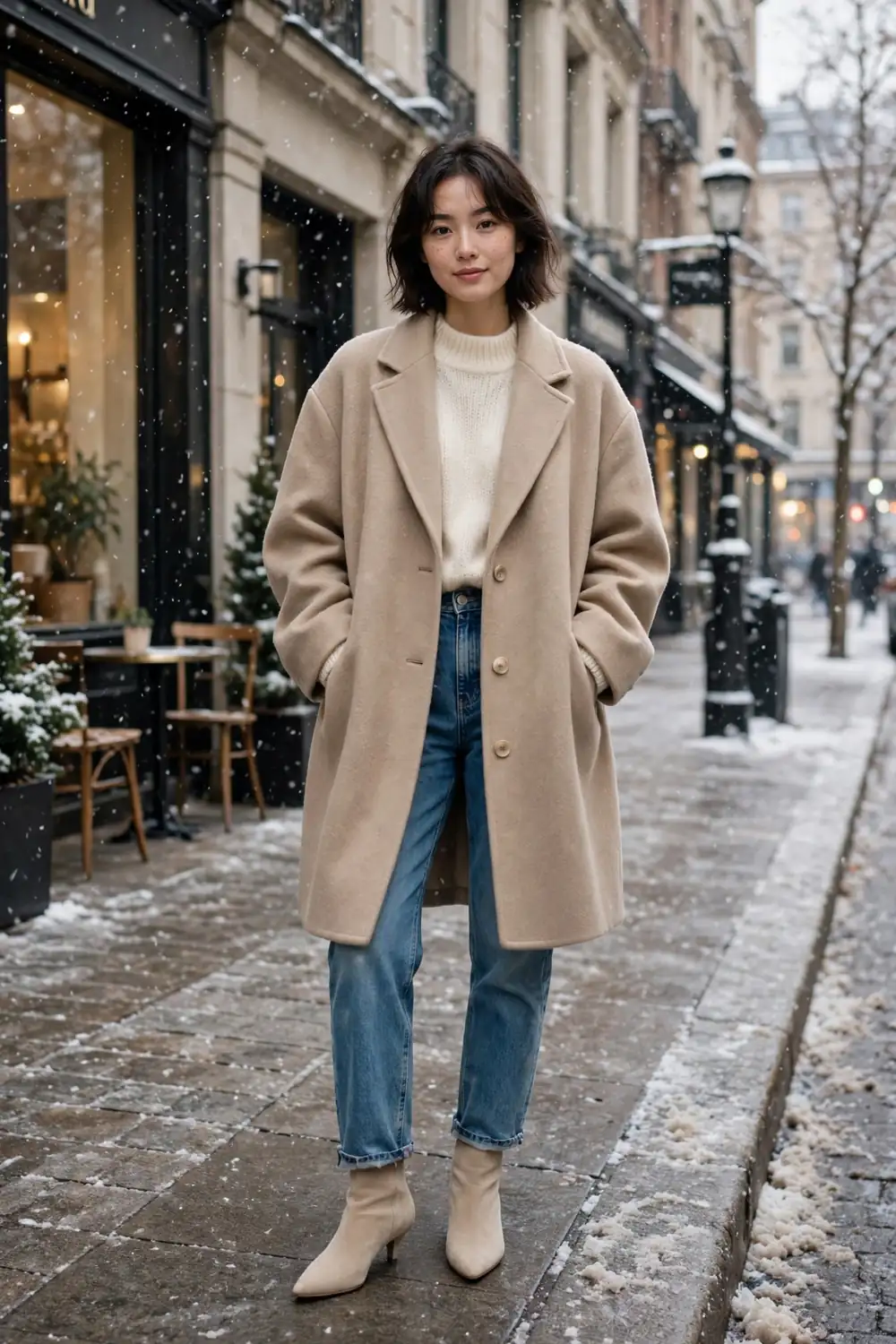 Petite woman in oversized beige blazer coat with jeans and boots